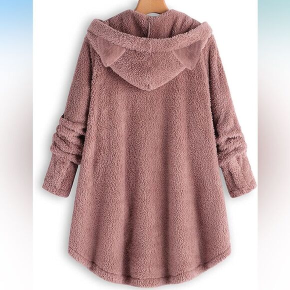 Women’s Cozy Pink Teddy Jacket w/ Cat Ear Hood Button Down Long Sleeve, Size 14 - Picture 10 of 13
